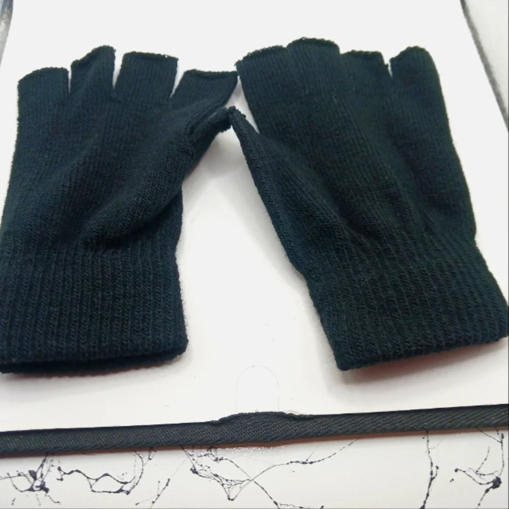 Black Faux Leather Studded + Black Cotton Fingerless Gloves Unisex -New